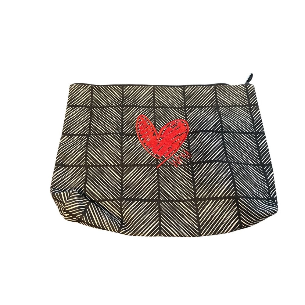 Black & White Geometric Zip Pouch With Red Heart Design